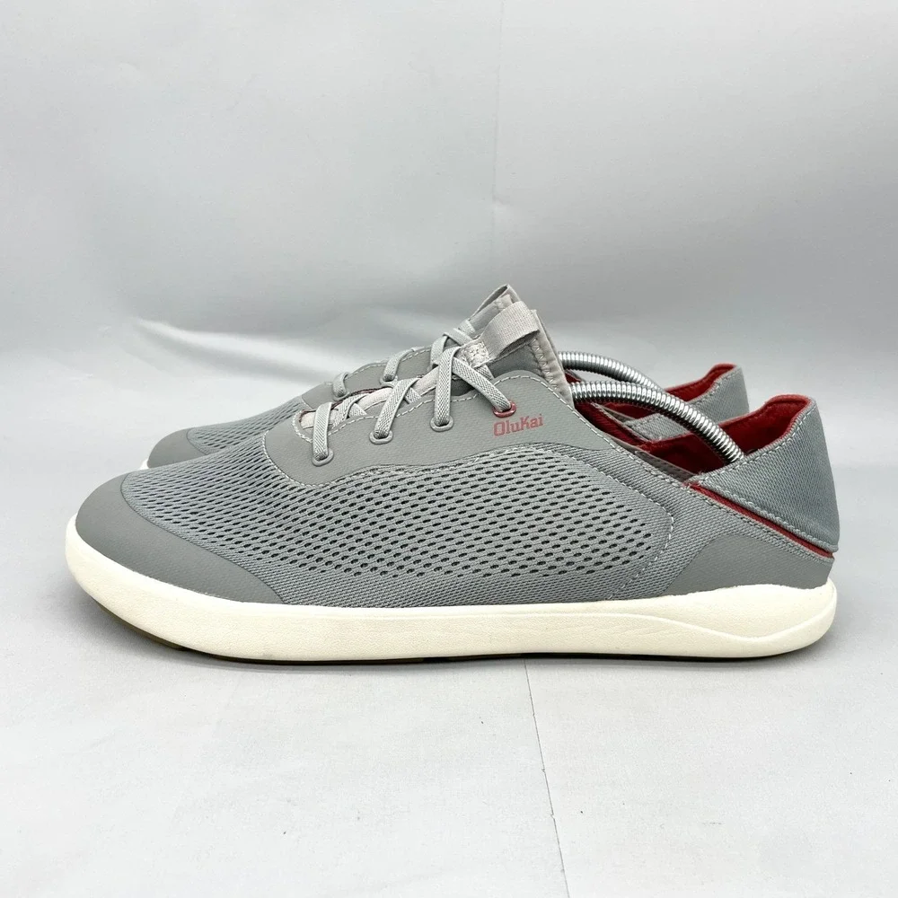 OluKai Moku Pae Mens 12 Fog Gray Red Mesh Boat Shoes Sneakers Casual Comfort